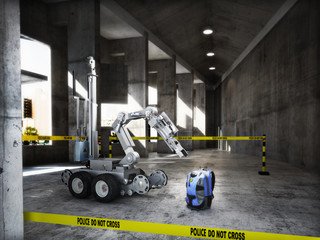Police controlled bomb squad robot inspecting a suspicious backpack item inside a building...
