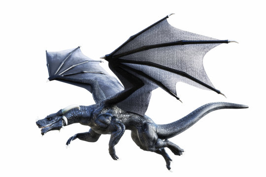 3D rendering of a black fantasy dragon flying isolated on white background