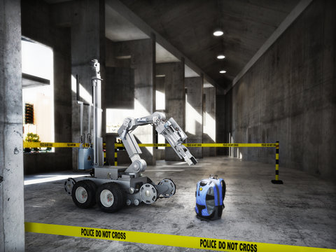 Police controlled bomb squad robot inspecting a suspicious backpack item inside a building interior.3d rendering. 