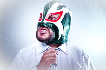 Manager, angry businessman with Mexican wrestler mask, expressio
