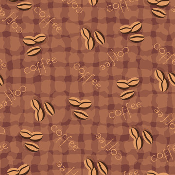 Beige seamless background with scattering of coffee beans and lettering. Seamless coffee pattern in pale beige colors.
