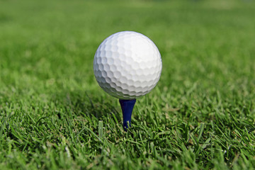 Golf ball and Flagstick of  Mancured grass of putting green