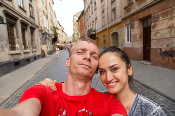 Fototapeta na wymiar selfie man and woman on the street