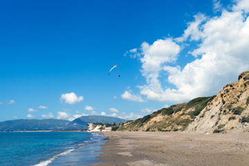 Fototapeta na wymiar Sandy beach in hot summer day Kalamaki Zakynthos Greece
