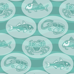 Fototapeta premium Seamless texture with silhouette fish, crab, shrimp and wave. 