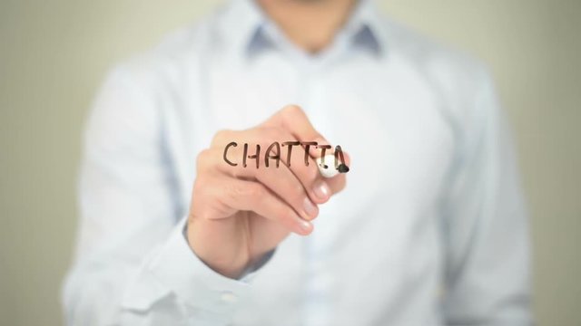 Chatting Online, man writing on transparent screen