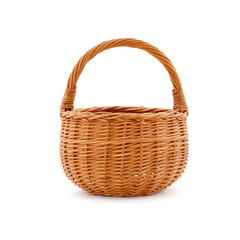 An empty wicker basket on a white background.
