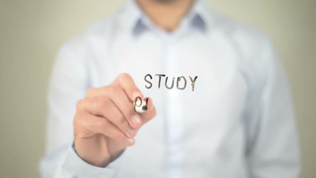 Study Process, man writing on transparent screen