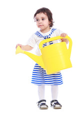 Portrait of little girl white t-shirt striped skirt isolated on white background