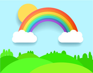 Obraz premium Colorful Rainbow With Clouds, Grass and Field. Vector Illustration.