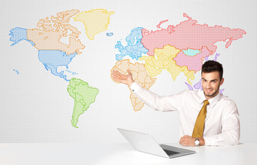 Business man with colorful world map background