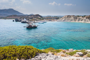 Kolymbia beach with the rocky coast in Greece.