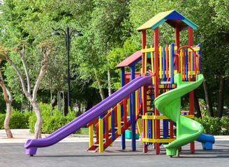 Playground in public park. Colorful playground for children. 