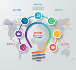 Vector idea light bulb circle infographic template for graphs, charts, diagrams. Business concept with 7 options, parts, steps, processes.