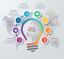 Vector idea light bulb circle infographic template for graphs, charts, diagrams. Business concept with 8 options, parts, steps, processes.