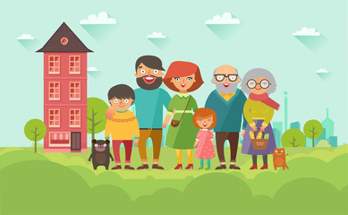 Portrait of six member happy stylish family posing together with house on background. Parents with kids, grandmother, grandfather, dog and cat. Vector colorful illustration in flat design