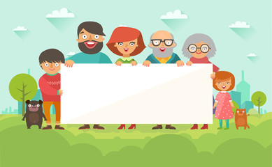 Portrait of six member happy stylish family posing together on city background and holding banner for text. Parents with kids, grandmother, grandfather, dog and cat. Vector colorful flat illustration