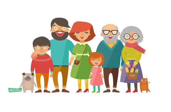 Portrait Of Six Member Happy Stylish Family Posing Together. Parents With Kids, Grandmother, Grandfather, Dog And Cat. Vector Colorful Illustration In Flat Design Isolated On White