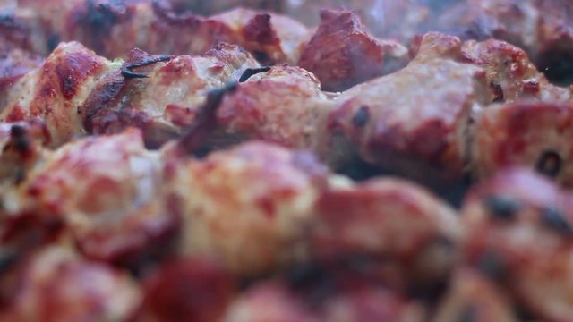 Cooked meat. Closeup. Grilled meat. Macro. Cooking shish kebab for picnic. Tasty grilled food. Close up. Roasted meat. Meat with crust. Food prepared on fire. Barbecue food. Barbeque meat preparing
