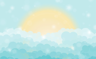 Cartoon blue shining cloudy sky with sun. Vector illustration
