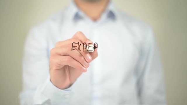 Expertise, man writing on transparent screen