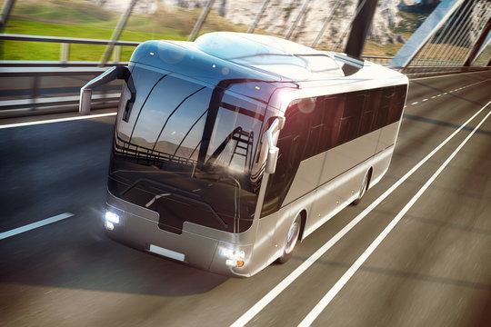 Realistic image of grey bus on the road. Business Travel Concept. Road bridge 3D rendering