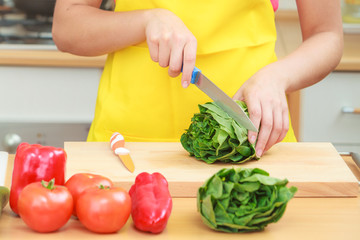 Woman preparing fresh vegetables food salad