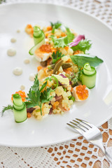 Healthy tomorrow of Russian salad served on a white plate