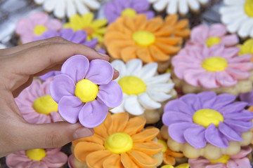 Fototapeta na wymiar Young hand holding home made designer Flower Sugar cookies