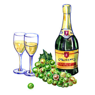 Watercolor bottle of champagne, two glasses and green grape