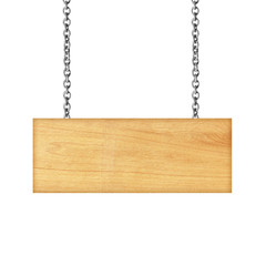 Wooden sign hanging on a chain isolated on white  background