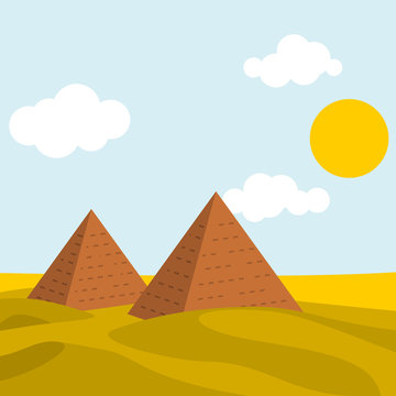 Editable Egyptian Pyramids on Desert in Flat Cartoon Style as Scenery Background of Children Book Illustration or Culture and History Related Design Project