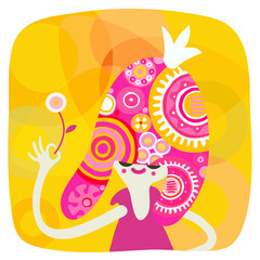 The vector illustration of a pink hair styled girl with patterned hair wearing a crown and a purple dress holding the flower, on the yellow background