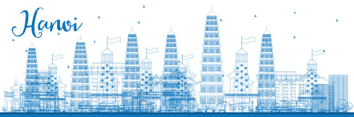 Outline Hanoi skyline with blue Landmarks.