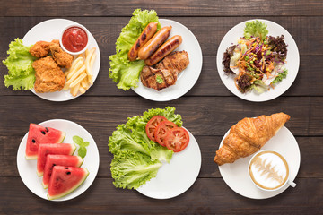 Food set fried chicken and chips, bbq meat and sausage, salad, w
