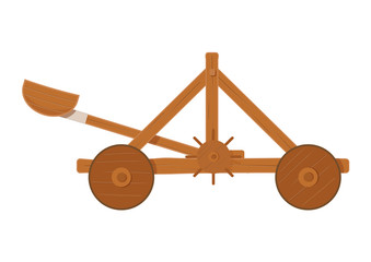 old medieval wooden catapult shooting stones vector illustration .