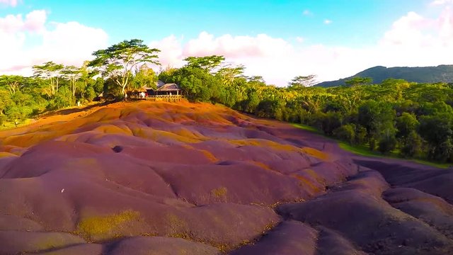 Main sight of Mauritius, Chamarell, seven color lands. Natural parks of Mauritius Island. Camera panning to amazing natural scenery. Scenic landscape on The Mascarene Islands.