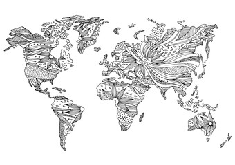 Naklejka premium world map hand drawn flower floral design