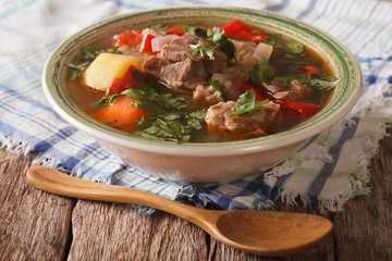 Shurpa lamb soup with vegetables closeup at the plate. Horizontal
