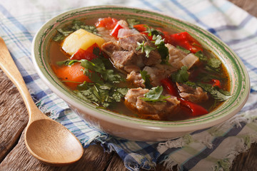 Lamb soup with vegetables closeup at the plate. horizontal
