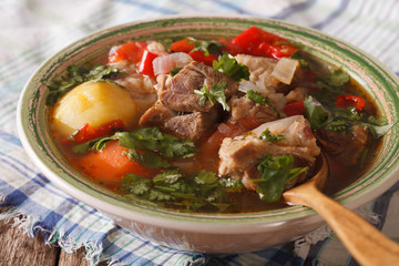 Homemade soup of lamb with vegetables closeup. horizontal
