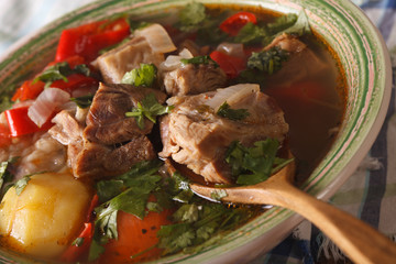 thick soup of lamb with vegetables macro. horizontal
