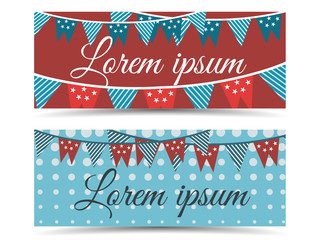 Independence Day flags, colorful garland, banner with garlands, the voucher template with garland and stars. Vector illustration.