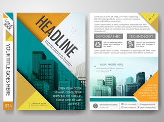 Brochure design template vector.Flyers annual report business magazine poster.Leaflet cover book portfolio or presentation with abstract orange green shape and flat city background.Layout in A4 size.