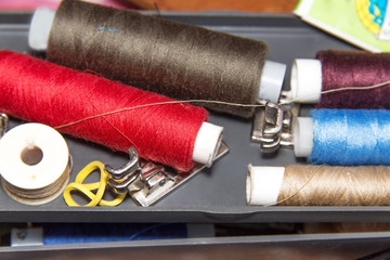 Skeins  of threads and needles in a box