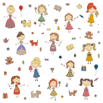 Little girls vector. Cartoon drawing of children. Daughter and mother. Girls play.
