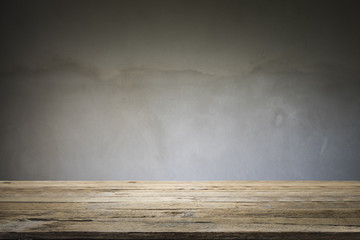 Wooden table or floor platform and polished concrete surface bac