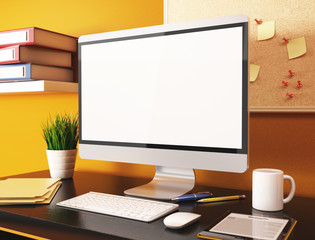 3D Office with blank computer screen. Mockup