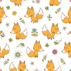 Seamless pattern with cute cartoon foxes plants and flowers on white  background. Funny forest animals. Vector image. Children's illustration.