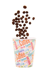 Paper cup and falling coffee beans isolated on white.